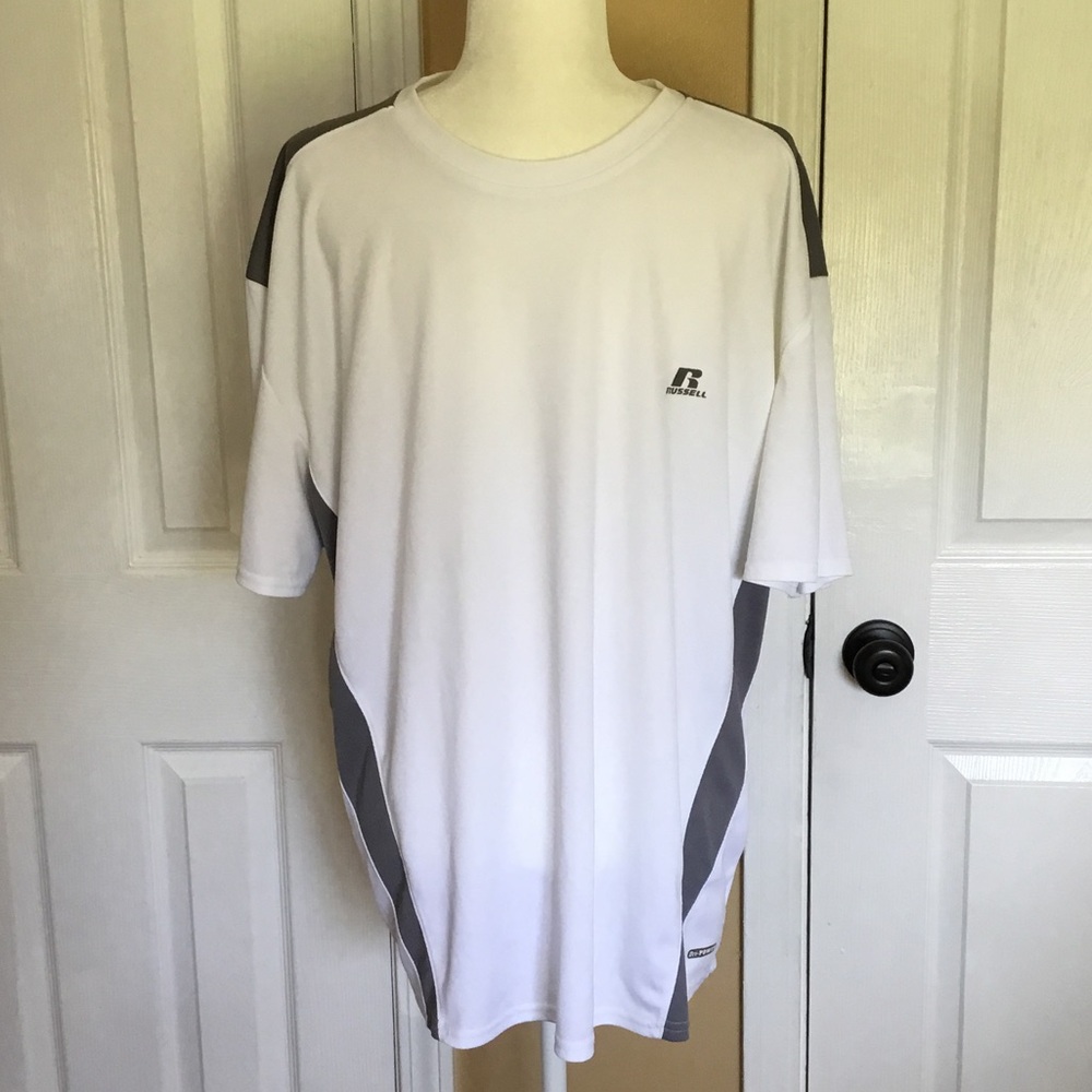 Russell XL Dri-Power Athletic White Short-Sleeve Performance Tee Gray trim